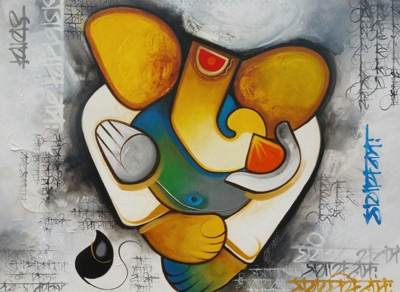 Religious acrylic painting titled 'Ganesha 2', 36x48 inches, by artist Om Swami on Canvas