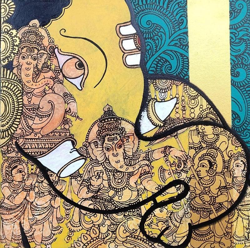 Religious acrylic painting titled 'Ganesha 2', 12x12 inches, by artist Ramesh Gorjala on Canvas