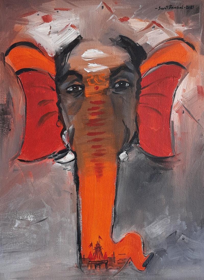 Religious acrylic painting titled 'Ganesha 2', 16x12 inches, by artist Sunil Bambal on Canvas