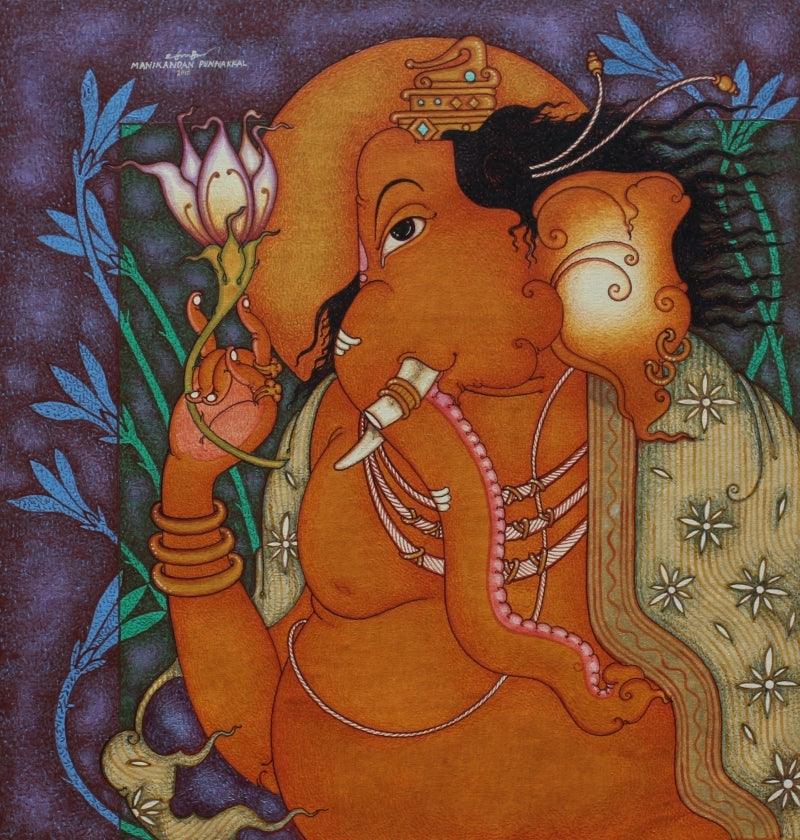 Religious acrylic painting titled 'Ganesha 2', 26x25 inches, by artist Manikandan Punnakkal on Canvas
