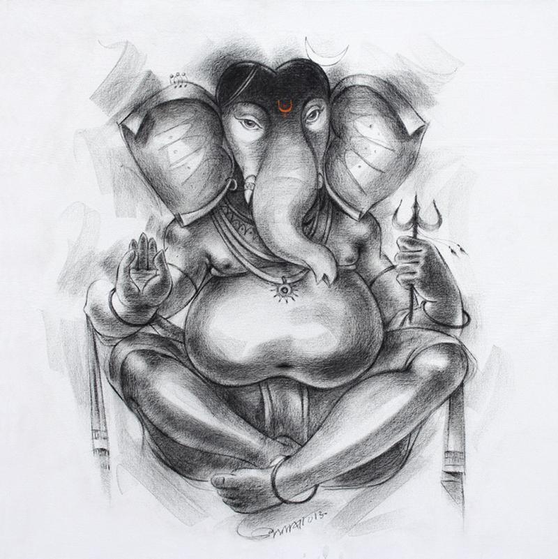 Religious acrylic painting titled 'Ganesha 2', 36x36 inches, by artist Sanjay Bhalerao on Canvas
