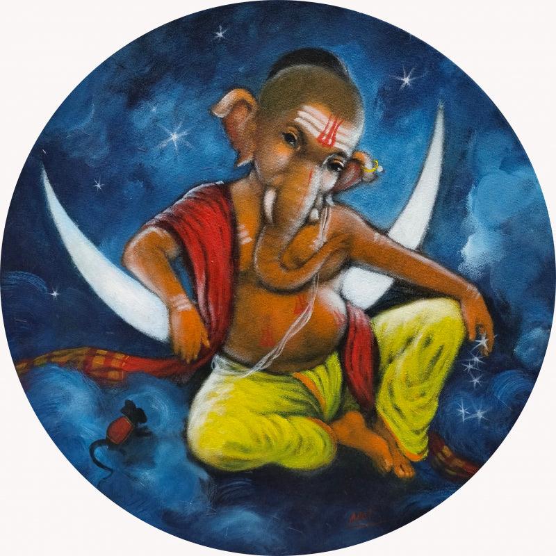 Religious acrylic painting titled 'Ganesha 2', 18x18 inches, by artist Apet Pramod on Canvas