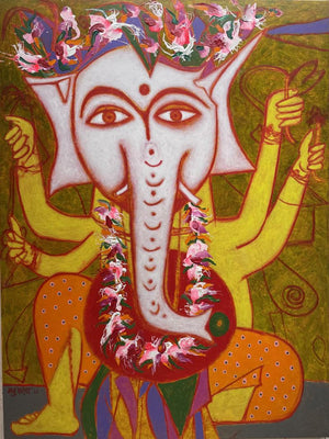 Religious acrylic painting titled 'Ganesha 2', 48x36 inches, by artist Manu Parekh on Canvas