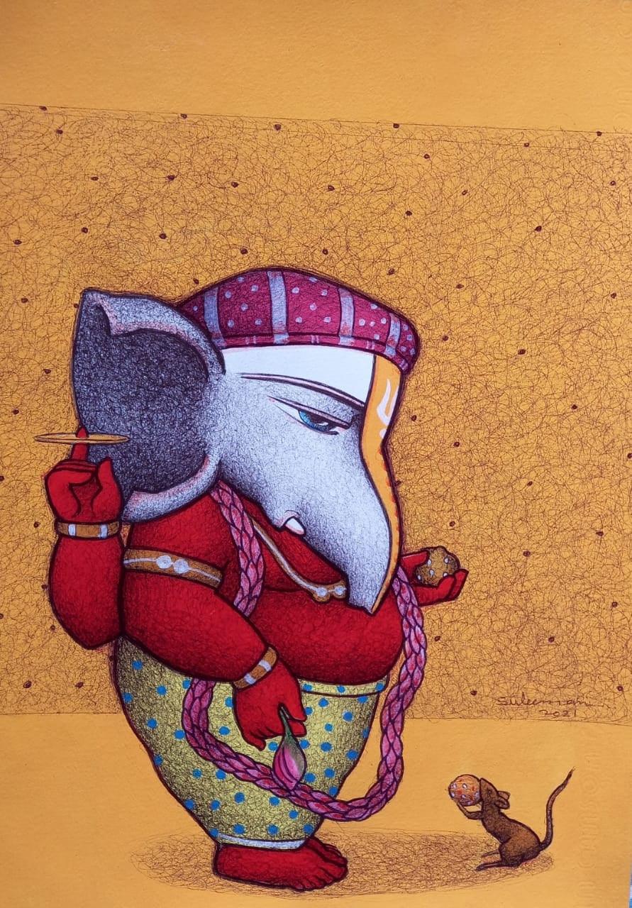 Religious mixed media painting titled 'Ganesha 2', 12x8 inches, by artist Mohammed Suleman on Canson Paper
