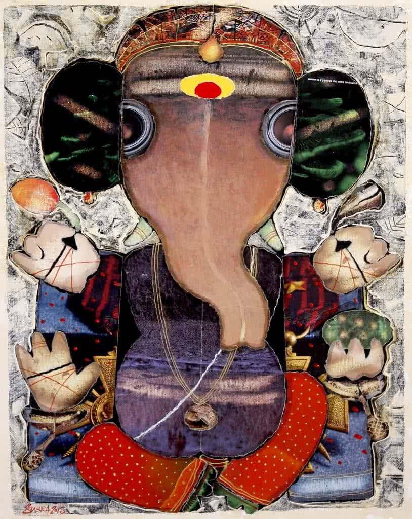 Religious mixed media painting titled 'Ganesha 2', 20x16 inches, by artist G Subramanian on Canvas