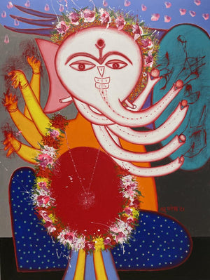Religious acrylic painting titled 'Ganesha 3', 48x36 inches, by artist Manu Parekh on Canvas