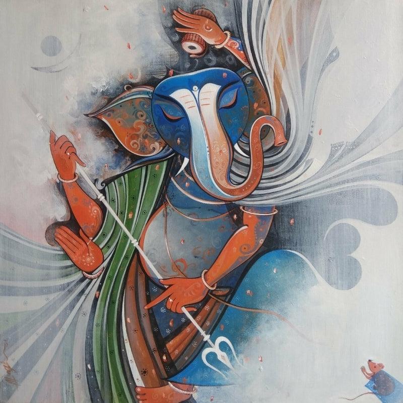 Religious acrylic painting titled 'Ganesha 3', 24x24 inches, by artist M Singh on Canvas