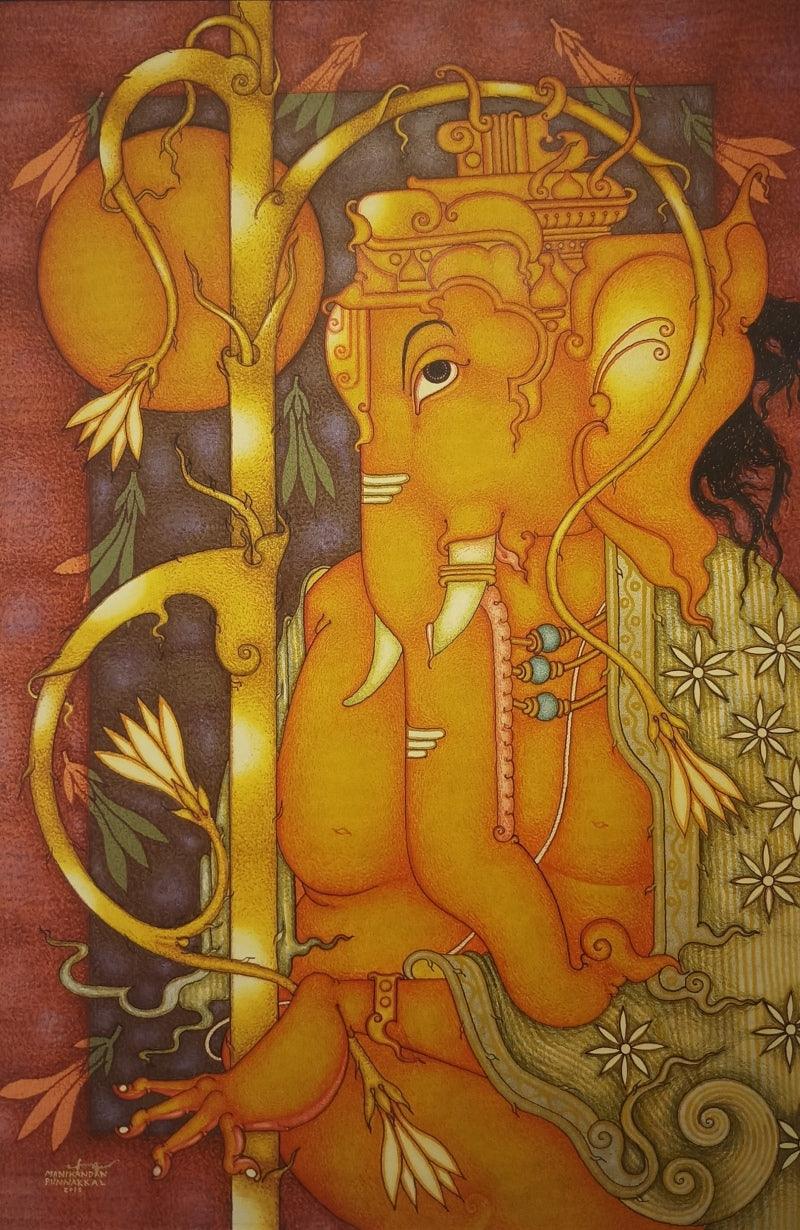 Religious acrylic painting titled 'Ganesha 4', 37x25 inches, by artist Manikandan Punnakkal on Canvas