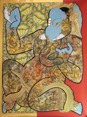 Religious acrylic painting titled 'Ganesha 4', 48x36 inches, by artist Ramesh Gorjala on Canvas