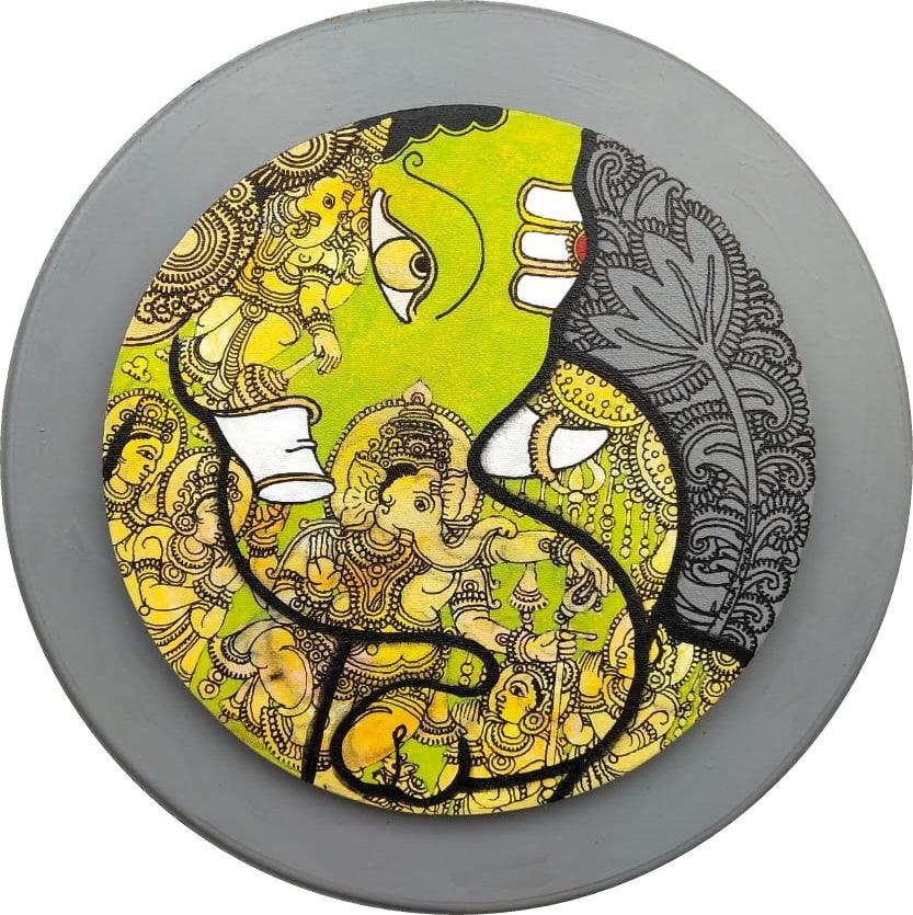 Religious acrylic painting titled 'Ganesha 5', 16x16 inches, by artist Ramesh Gorjala on Canvas