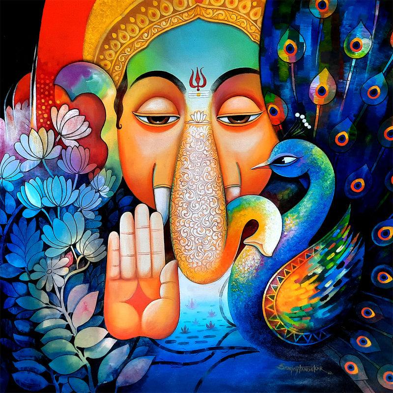 Religious acrylic painting titled 'Ganesha 6', 36x36 inches, by artist Sanjay Tandekar on Canvas