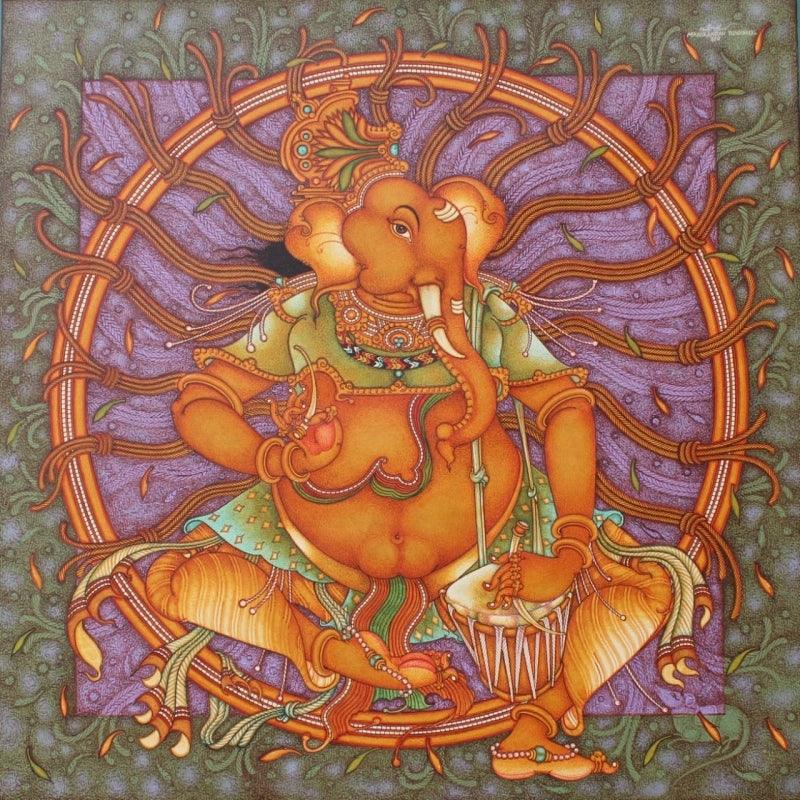 Religious acrylic painting titled 'Ganesha 6', 38x38 inches, by artist Manikandan Punnakkal on Canvas