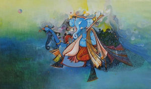 Religious acrylic painting titled 'Ganesha', 36x60 inches, by artist M Singh on Canvas