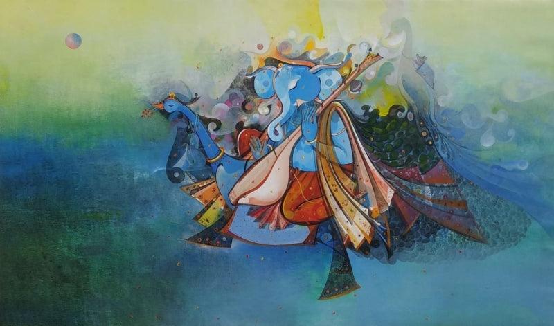 Religious acrylic painting titled 'Ganesha', 36x60 inches, by artist M Singh on Canvas