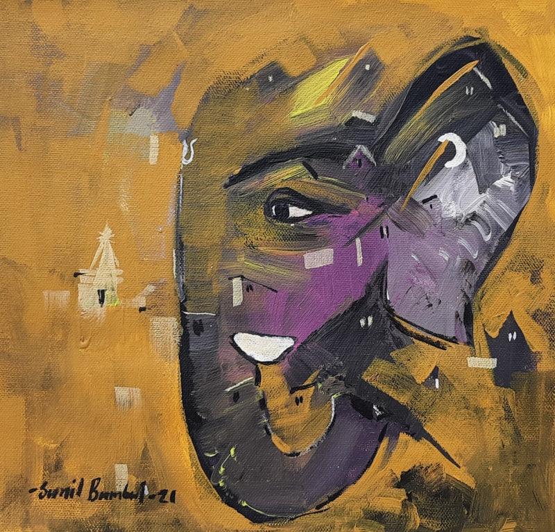 Religious acrylic painting titled 'Ganesha', 10x10 inches, by artist Sunil Bambal on Canvas