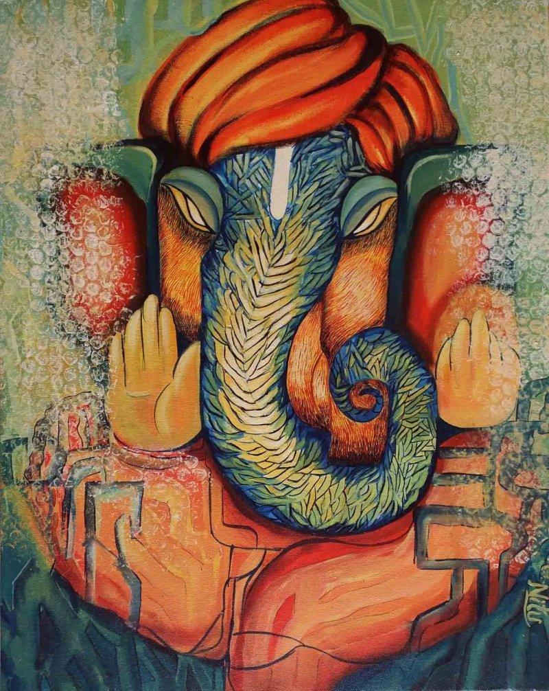Religious acrylic painting titled 'Ganesha', 24x30 inches, by artist NITU CHHAJER on Canvas