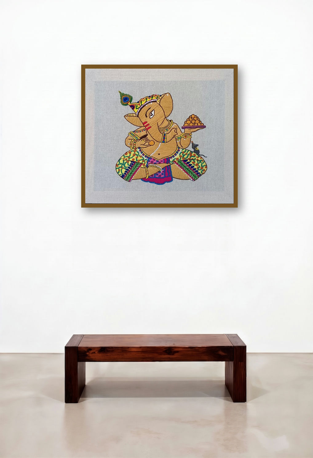 Ganesha (Embroidered Ganesha) (Embroidered Ganesha) by artist Prathibha Shrimali displayed in a Japandi Bedroom