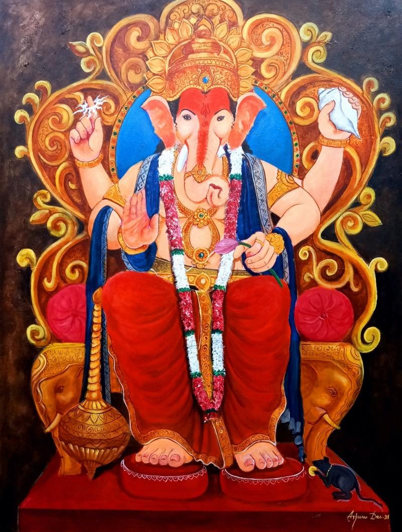 Religious acrylic painting titled 'Ganesha', 48x36 inches, by artist Arjun Das on Canvas