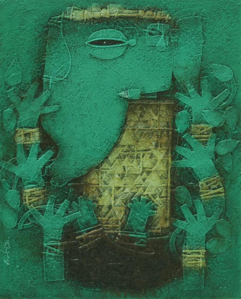 Religious mixed media painting titled 'Ganesha', 30x24 inches, by artist Basuki Dasgupta on Canvas