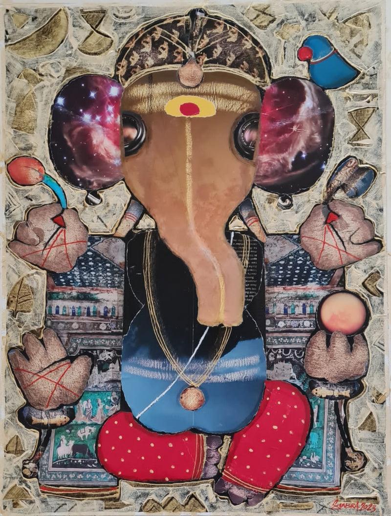 Religious mixed media painting titled 'Ganesha', 24x18 inches, by artist G Subramanian on Canvas