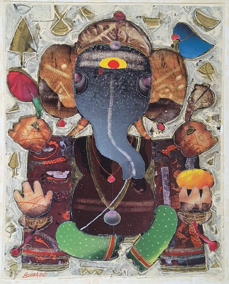 Religious mixed media painting titled 'Ganesha', 21x17 inches, by artist G Subramanian on Canvas