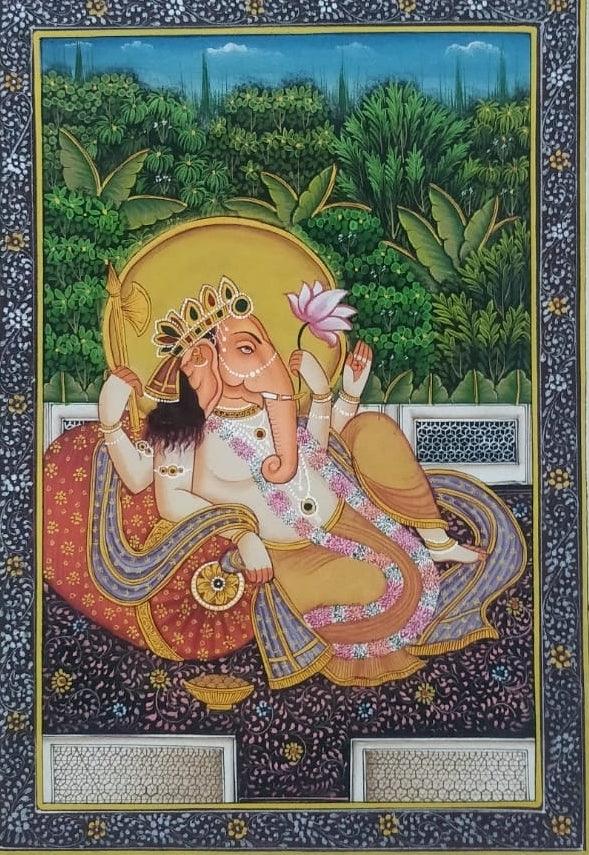 Religious miniature traditional art titled 'Ganesha', 11x8 inches, by artist Unknown on Cloth