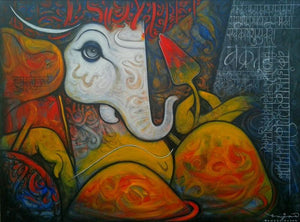 Religious acrylic painting titled 'Ganesha', 36x48 inches, by artist Ramesh Gujar on Canvas