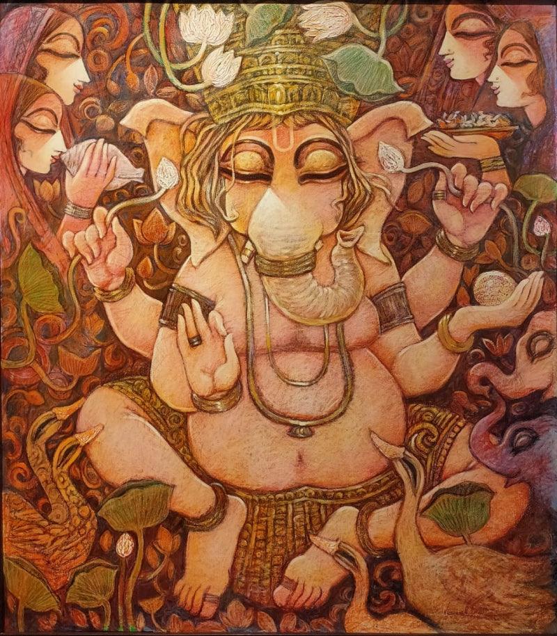 Religious mixed media painting titled 'Ganesha', 48x42 inches, by artist Subrata Ghosh on Canvas
