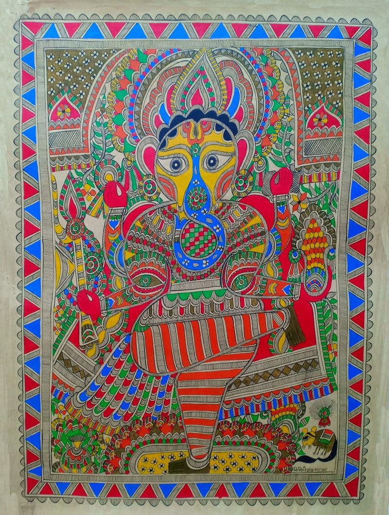 Religious madhubani traditional art titled 'Ganesha', 30x22 inches, by artist Mithilesh Jha on Paper