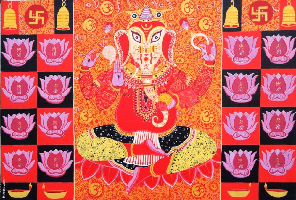 Religious acrylic painting titled 'Ganesha', 33x48 inches, by artist Bhaskar Lahiri on Canvas
