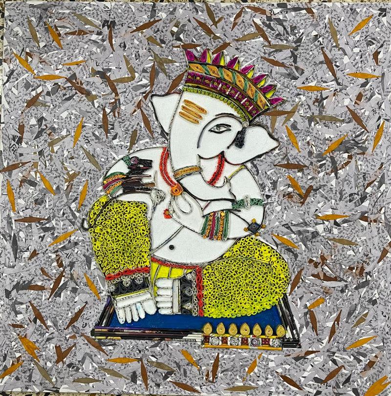 Religious mixed media painting titled 'Ganesha', 22x22 inches, by artist Neelu Patel on Canvas, Wooden Frame