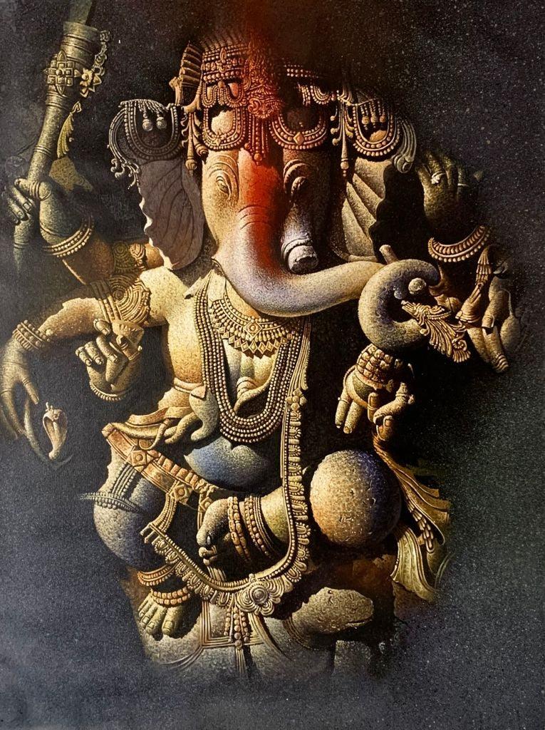 Religious acrylic painting titled 'Ganesha', 40x30 inches, by artist Amit Bhar on Canvas