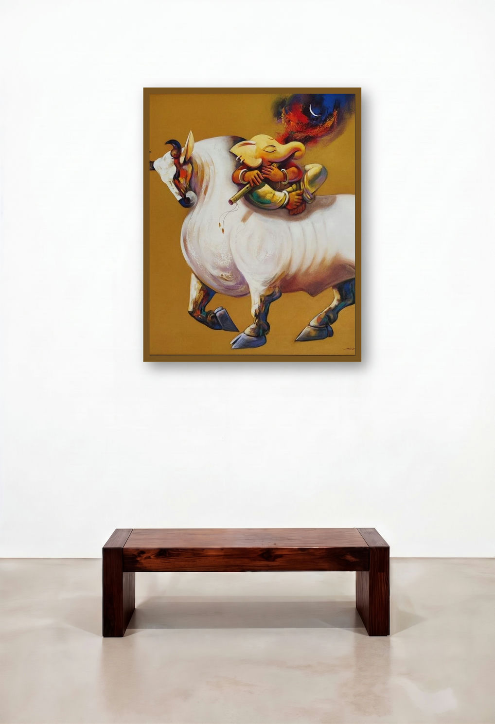Ganesha (Ganesh and the Bull) by artist Shankar Gojare displayed in a Art Deco Bedroom