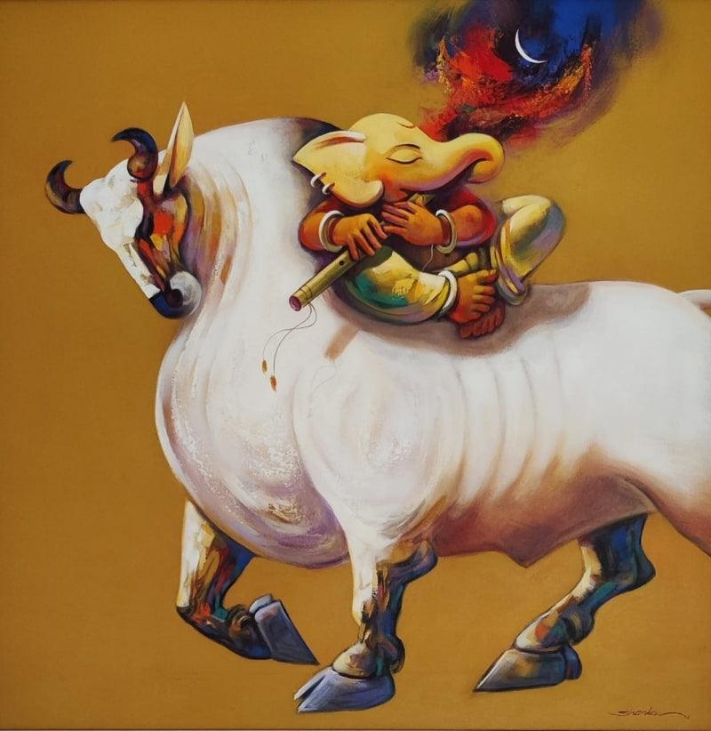 Religious acrylic painting titled 'Ganesha', 33x33 inches, by artist Shankar Gojare on Canvas