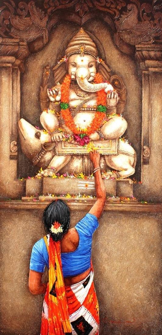 Religious acrylic painting titled 'Ganesha', 60x30 inches, by artist Siva Balan on Canvas