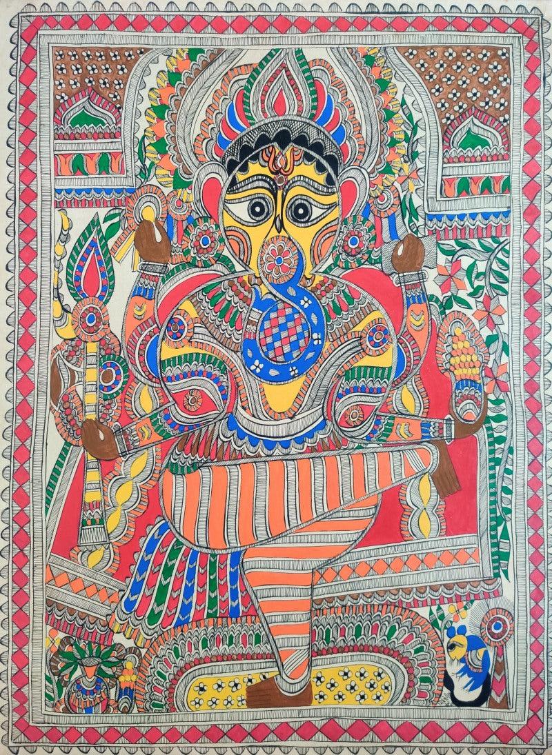 Religious madhubani traditional art titled 'Ganesha', 30x22 inches, by artist Mithilesh Jha on Paper