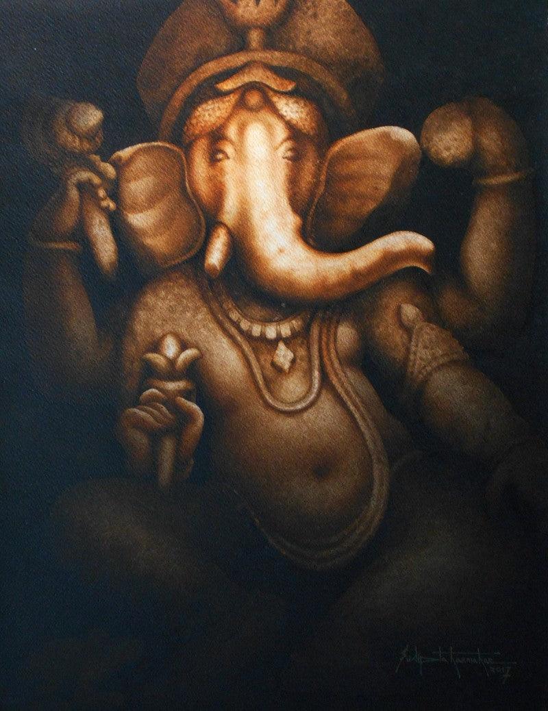 Religious watercolor painting titled 'Ganesha', 23x18 inches, by artist Sudipta Karmakar on Paper