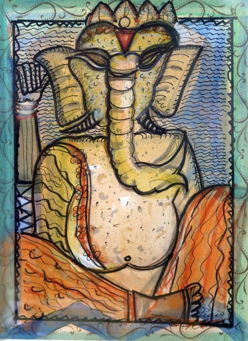 Religious mixed media painting titled 'Ganesha', 12x10 inches, by artist Rini Dhumal on Paper