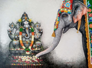 Religious mixed media painting titled 'Ganesha', 36x48 inches, by artist Siva Balan on Canvas