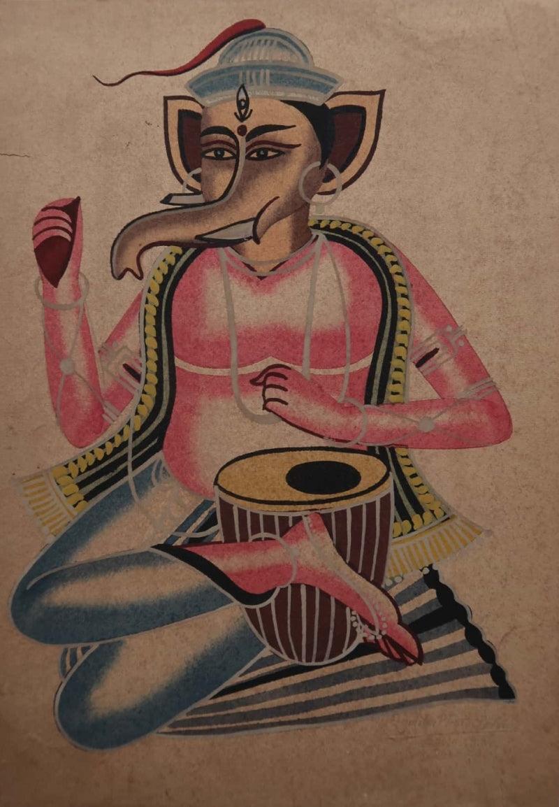 Religious mixed media painting titled 'Ganesha', 11x8 inches, by artist Kalighat Painting on Paper