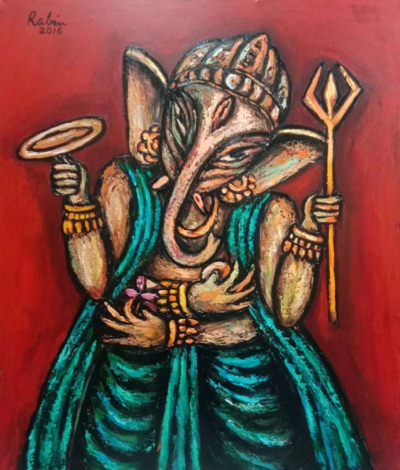 Religious acrylic painting titled 'Ganesha', 42x36 inches, by artist Rabin Mondal on Canvas