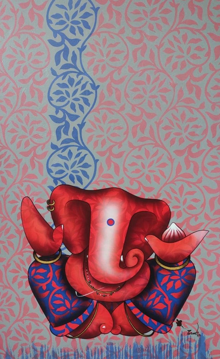 Religious acrylic painting titled 'Ganesha', 48x30 inches, by artist Paras Parmar on Canvas