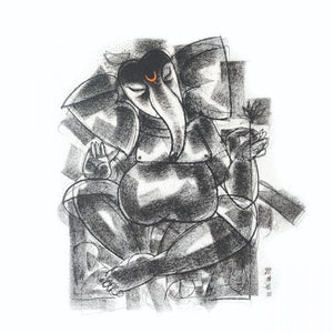 Religious charcoal painting titled 'Ganesha', 24x24 inches, by artist Sanjay Bhalerao on Canvas