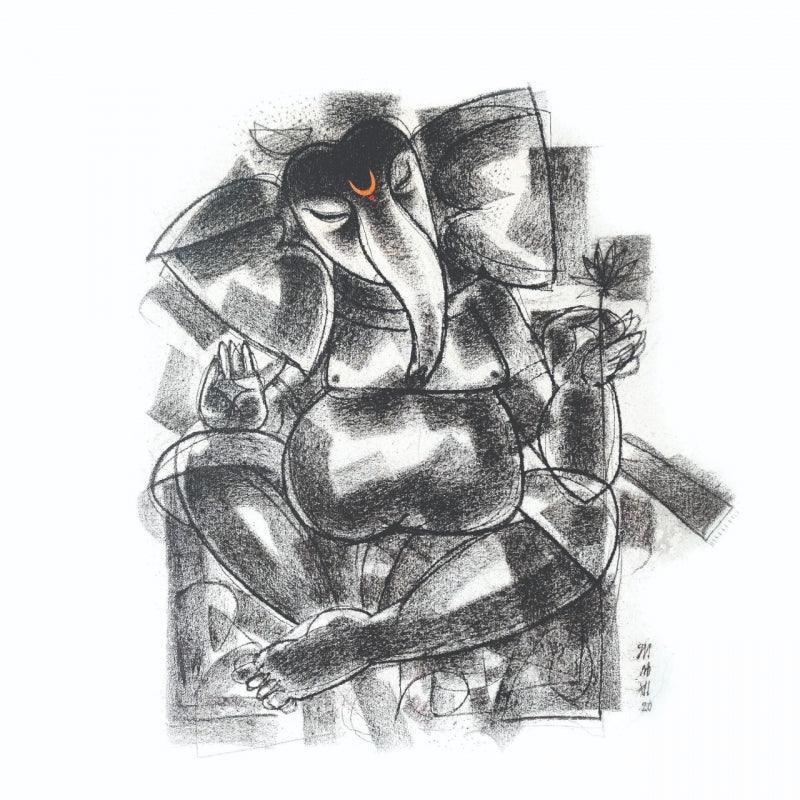 Religious charcoal painting titled 'Ganesha', 24x24 inches, by artist Sanjay Bhalerao on Canvas