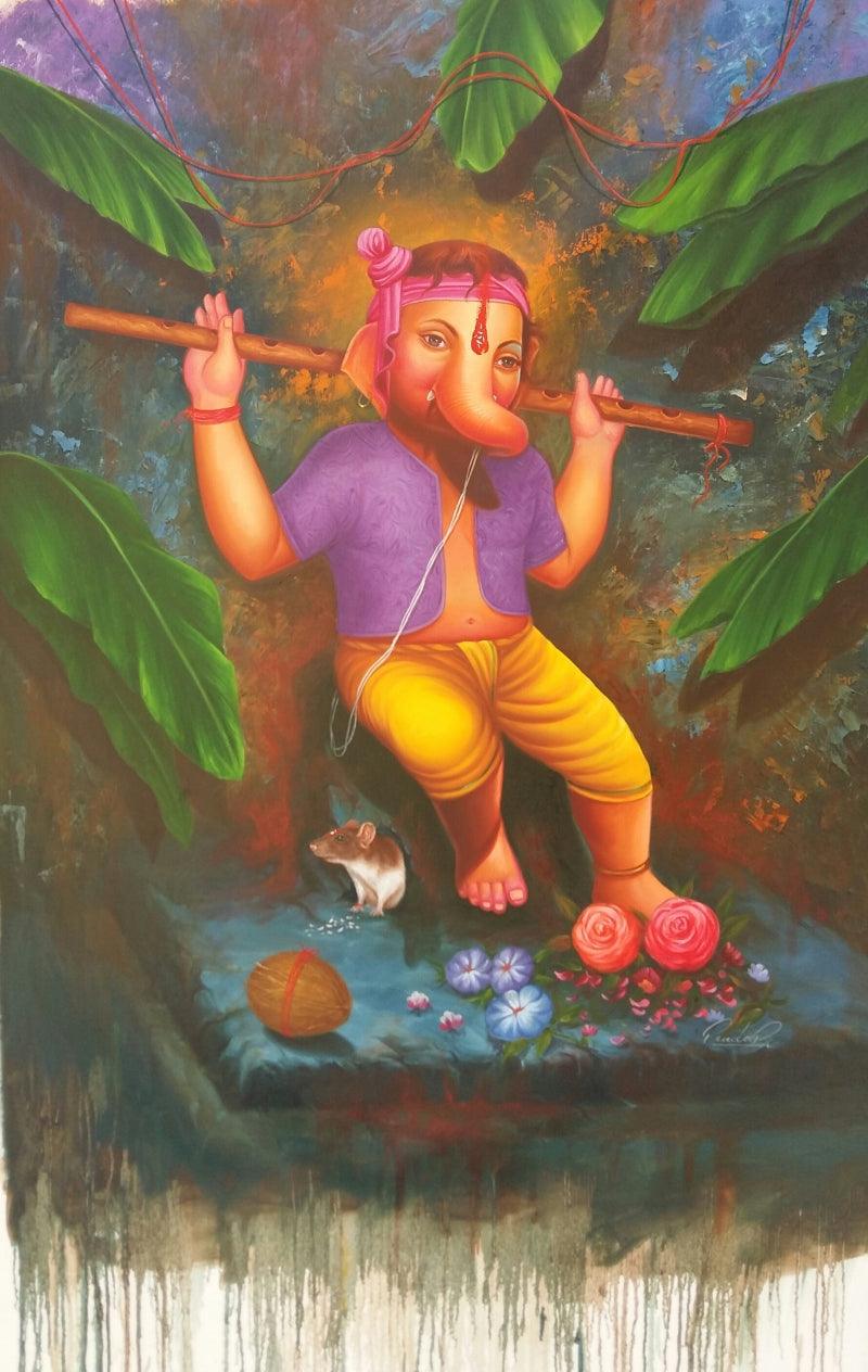 Religious oil painting titled 'Ganesha', 60x36 inches, by artist Pradeep Kumar on Canvas