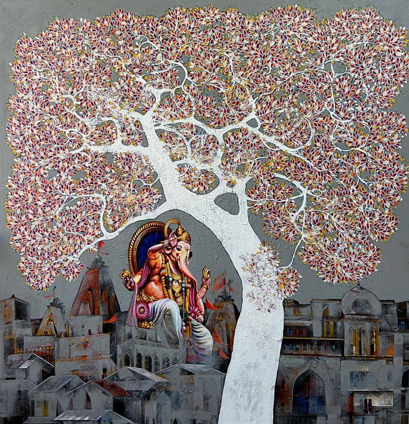 Religious acrylic painting titled 'Ganesha', 48x48 inches, by artist Bhaskar Rao on Canvas