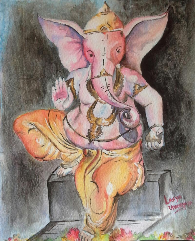 Religious watercolor painting titled 'Ganesha', 8x10 inches, by artist Lasya Upadhyaya on Paper