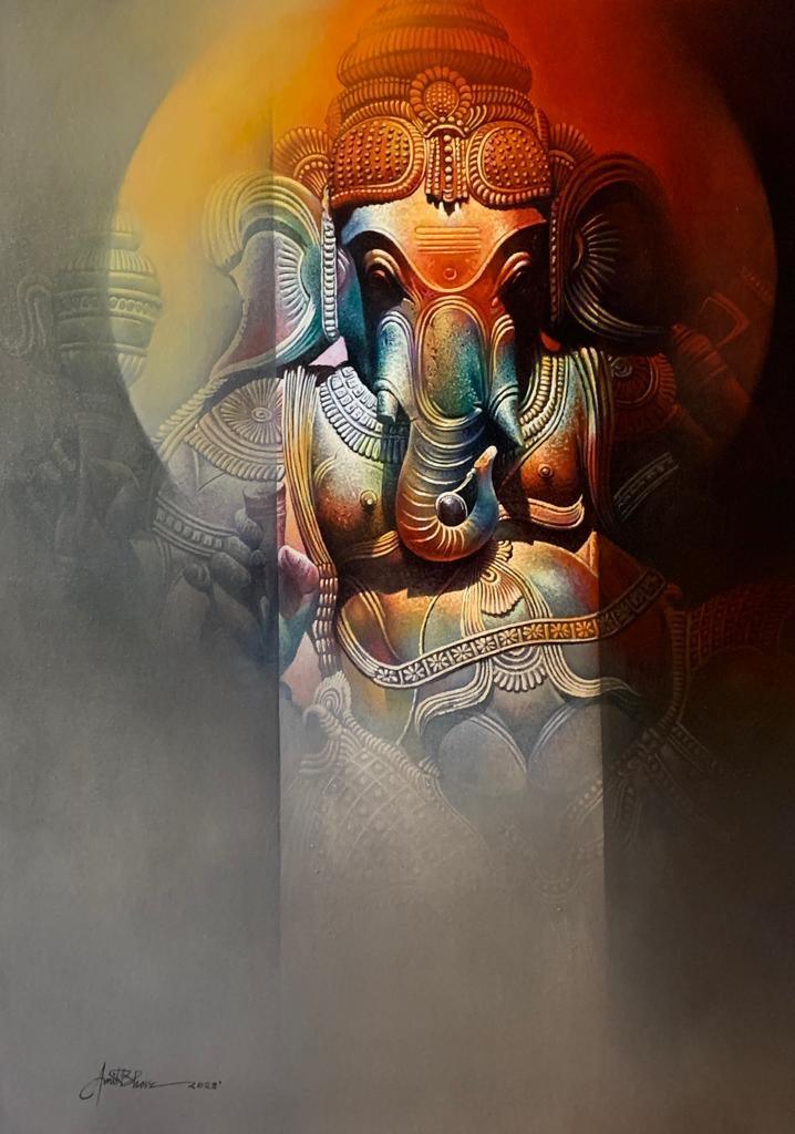 Religious acrylic oil painting titled 'Ganesha', 40x30 inches, by artist Amit Bhar on Canvas