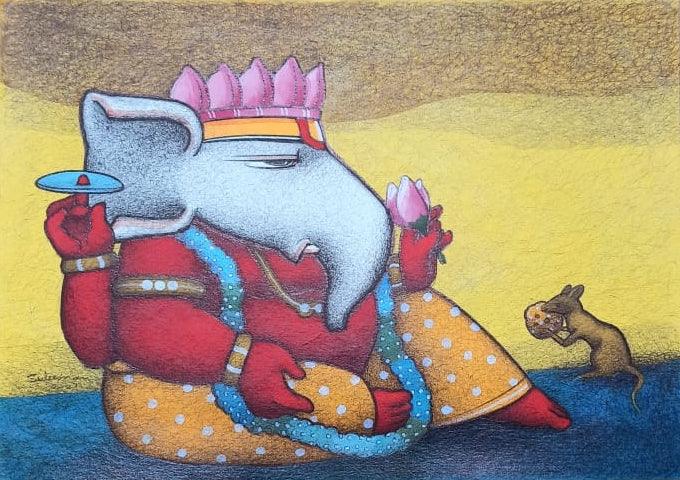 Religious mixed media painting titled 'Ganesha', 8x12 inches, by artist Mohammed Suleman on Canson Paper