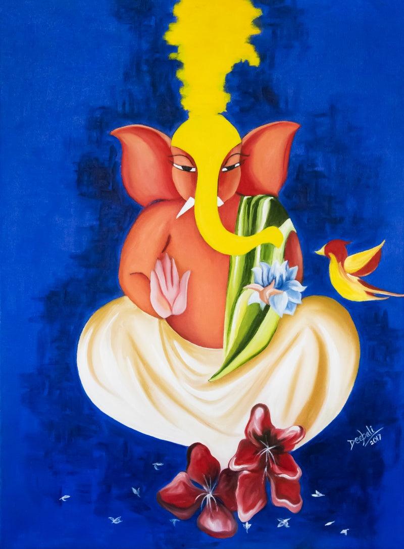 Figurative acrylic oil painting titled 'Ganesha', 24x18 inches, by artist Deepali Mundra on Canvas